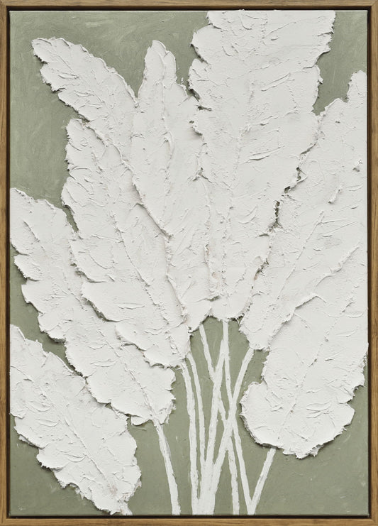"Textured Foliage I" Hand-Embellished Canvas In Frame - White / Green / Wood