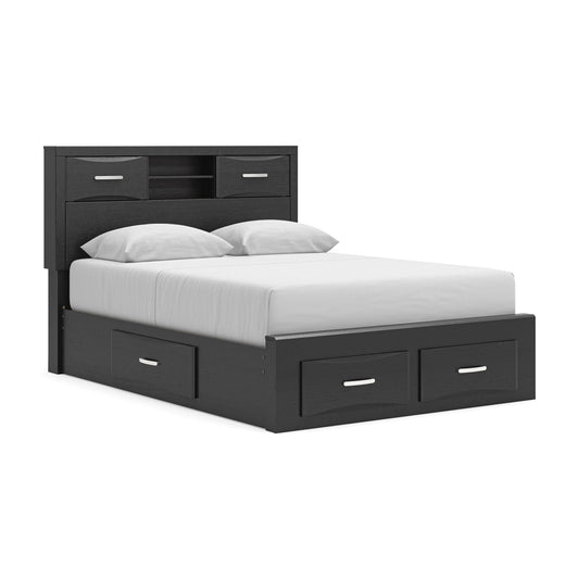 Stabotta - Queen Bookcase Bed With Storage Footboard And 2 Under Bed Storage Units - Black