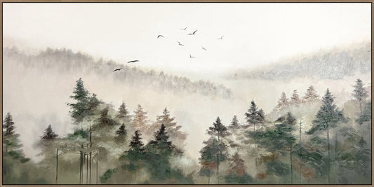 "Misty Wilderness" Hand-Painted Canvas In Frame - Green / Gray