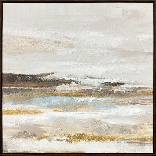 "Tranquil Horizon I" Hand-Embellished Canvas In Frame - Cream / Light Blue / Brown