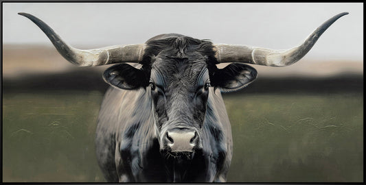 "Majestic Longhorn" Hand-Embellished Canvas In Frame - Gray / White / Green