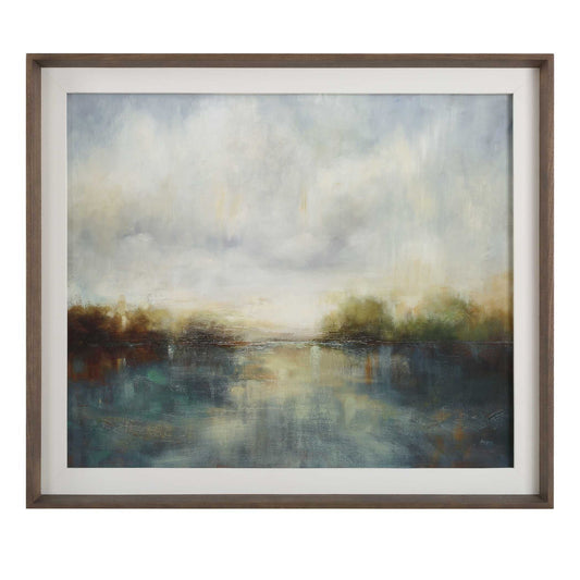 Blue Reverie - Framed Abstract Lake Print - Light Brown