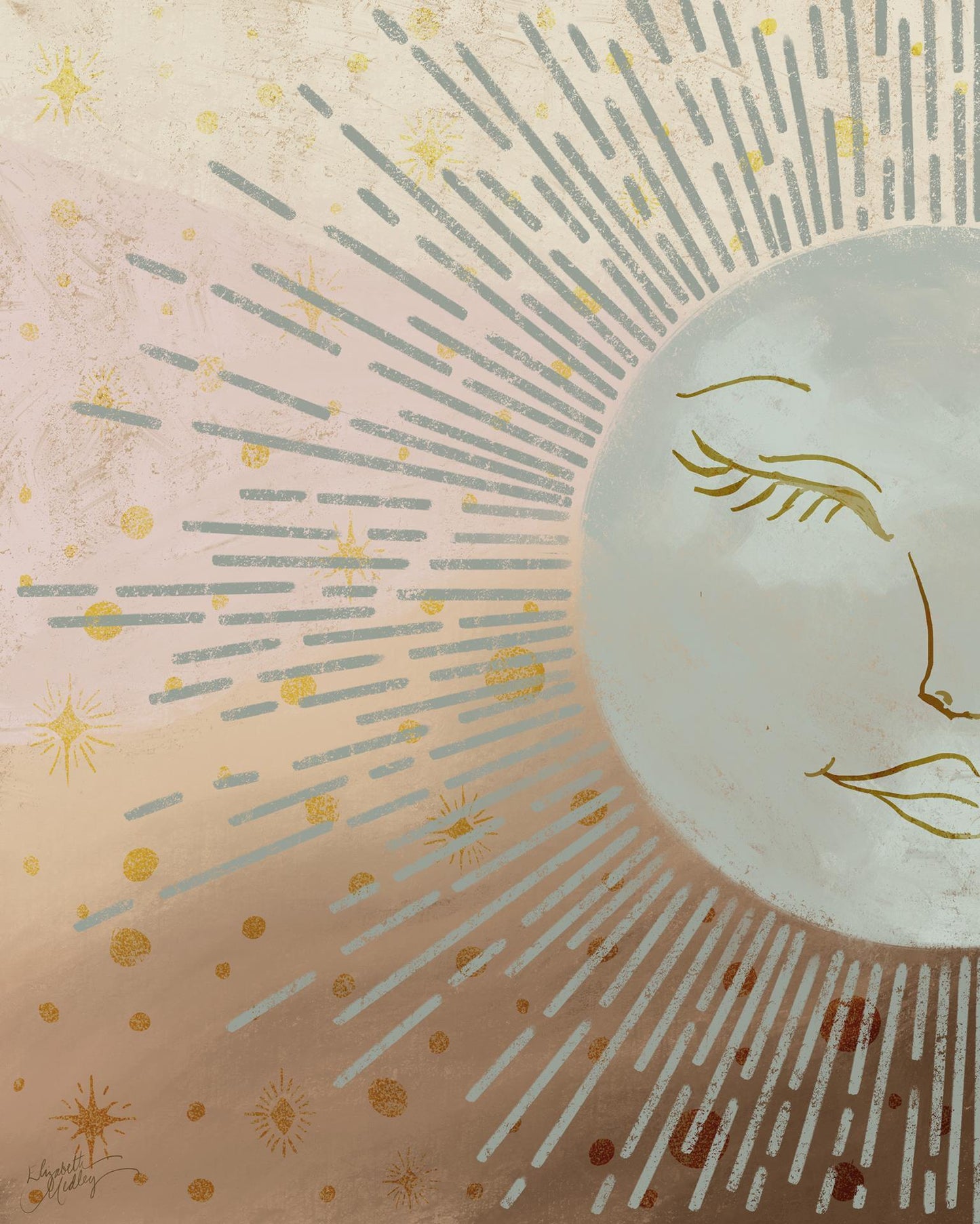 Celestial Blue Sun By Elizabeth Medley (Framed Small) - Light Brown