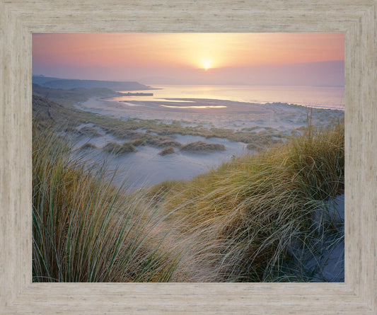 Misty Shoreline Glow - 28" x 34" Framed Wall Art - Light Blue