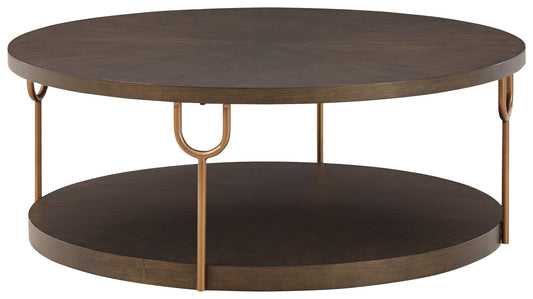 Brazburn - Round Cocktail Table - Dark Brown / Gold Finish