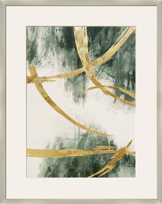 "Golden Strokes I" Hand-Embellished Canvas Framed Under Acrylic - Gold / Green / White
