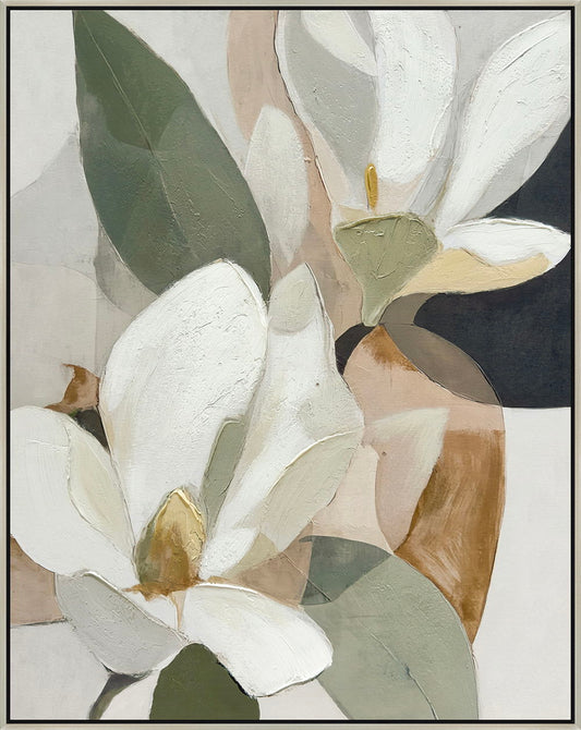 "Magnolia Serenity II" Hand-Embellished Canvas In Frame - Black / Earthy Tones / White