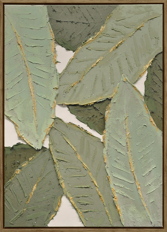 "Verdant Essence I" Hand-Embellished Canvas In Frame - Green / Gold / Wood
