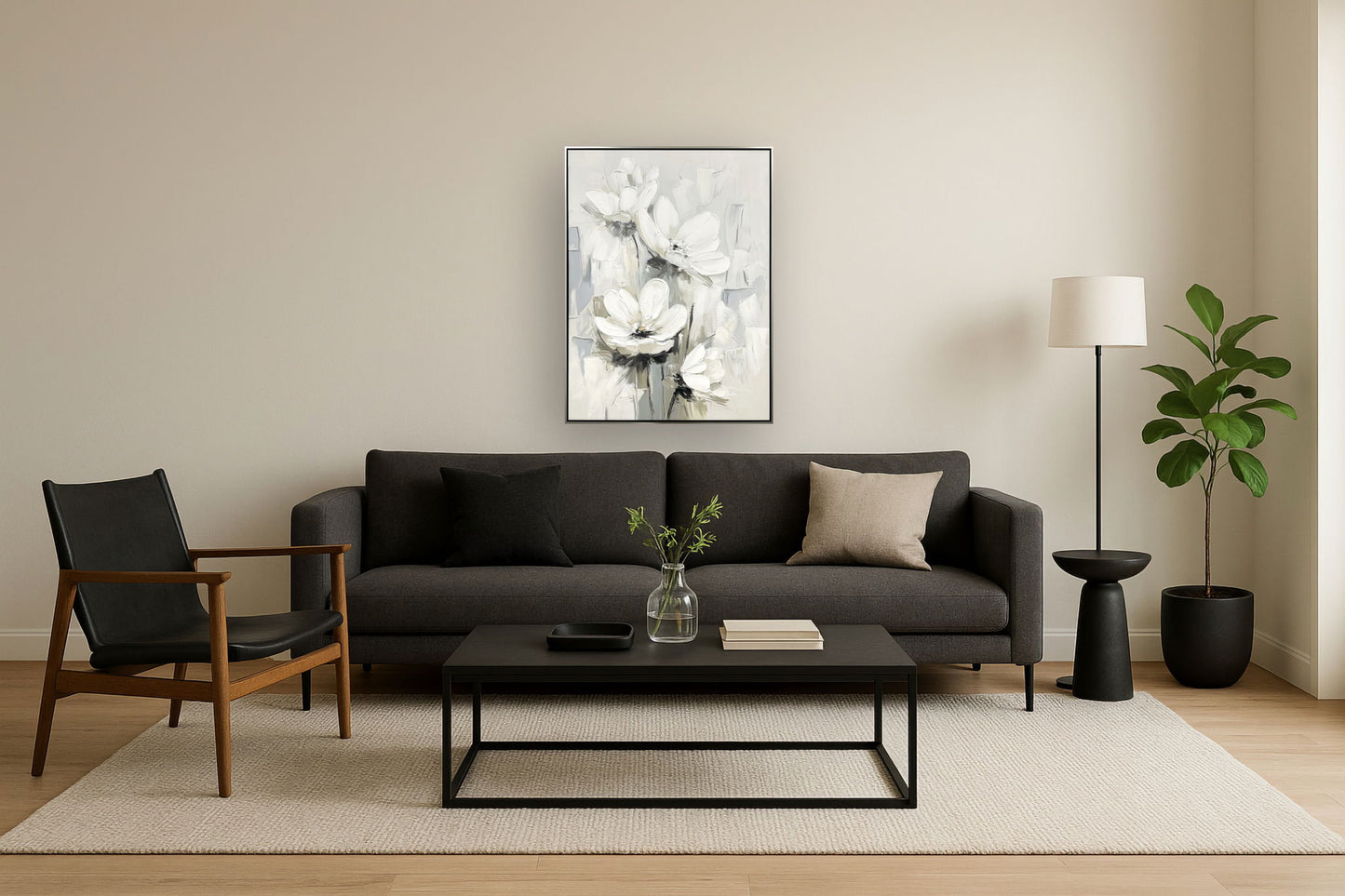 "Whispering Blooms I" Hand-Embellished Canvas In Frame - White / Gray / Black