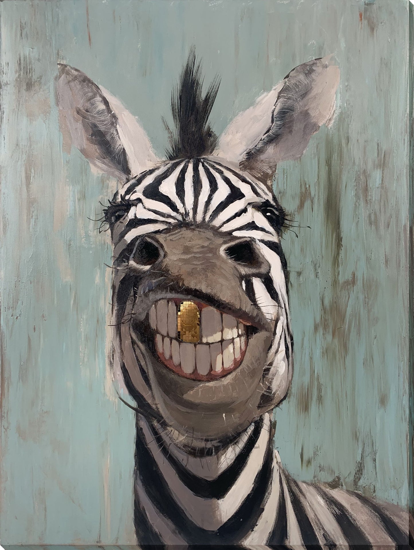 "Cheerful Stripes" Hand-Embellished Wrapped Canvas - Black / White / Blue