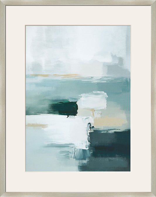 "Tranquil Horizons II" Framed Canvas Under Acrylic - Teal / Gray / Ivory