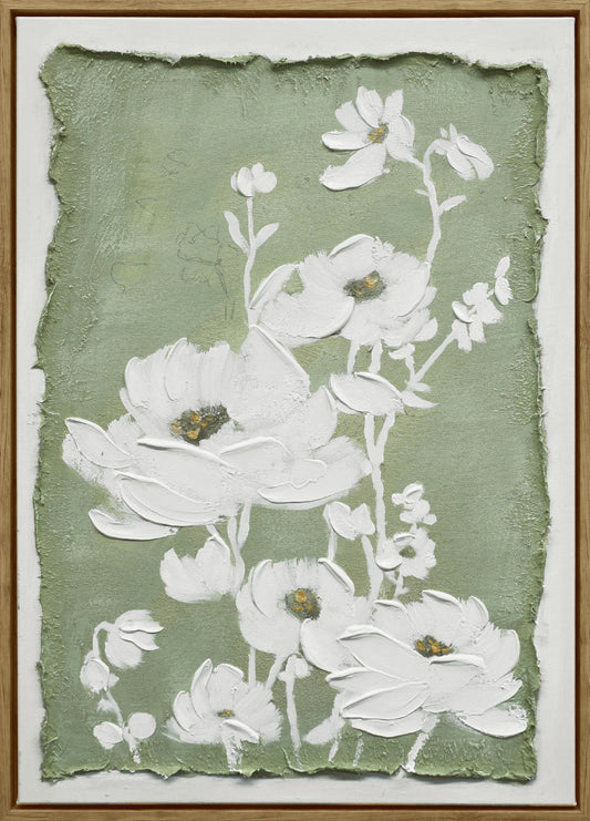 "Blossom Serenity II" Hand-Embellished Canvas In Frame - Green / White / Natural Wood