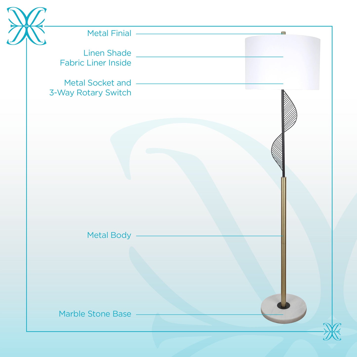 Spiral Radiance I Metal & Marble Floor Lamp - Matte Black / Soft Gold