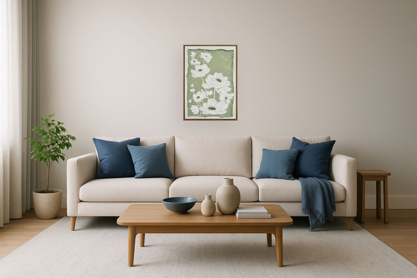 "Blossom Serenity I" Hand-Embellished Canvas In Frame - Green / White