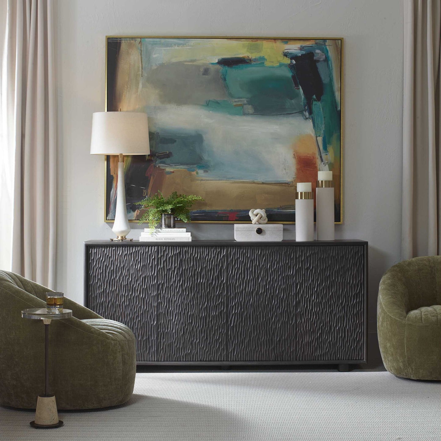 Stevenson - Chiseled 4 Door Cabinet - Black / Brown / Woodtone