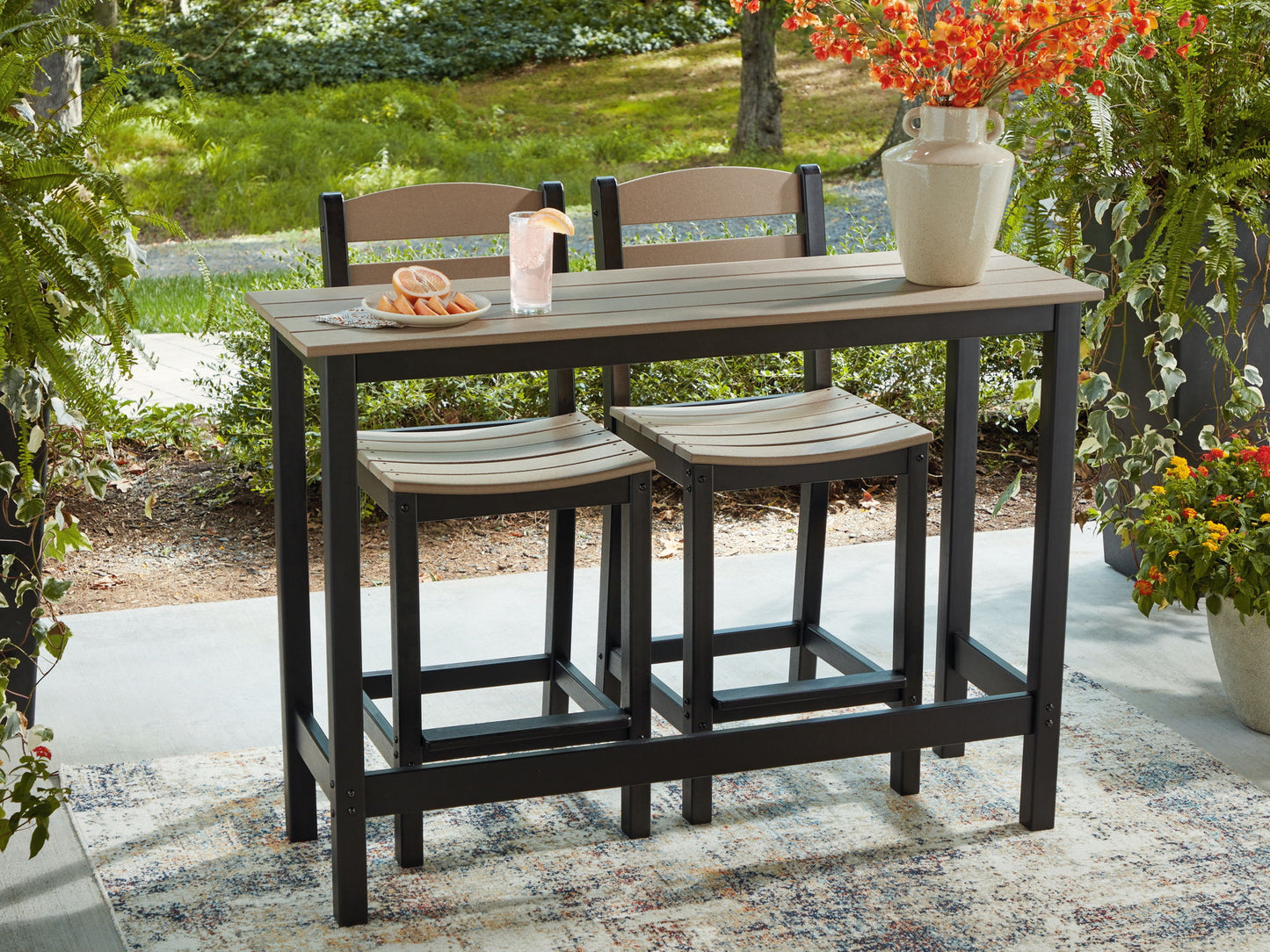 Shoreline Beach - Outdoor Counter Table And 2 Barstools (Set of 3) - Black / Beige