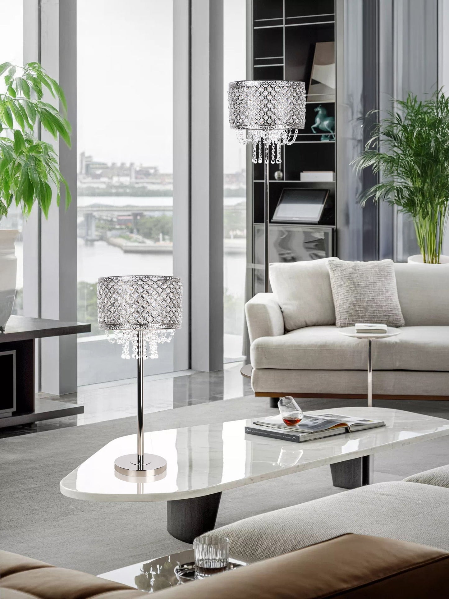 "Crystal Elegance I" Metal Floor Lamp - Polished Nickel / Clear Crystal