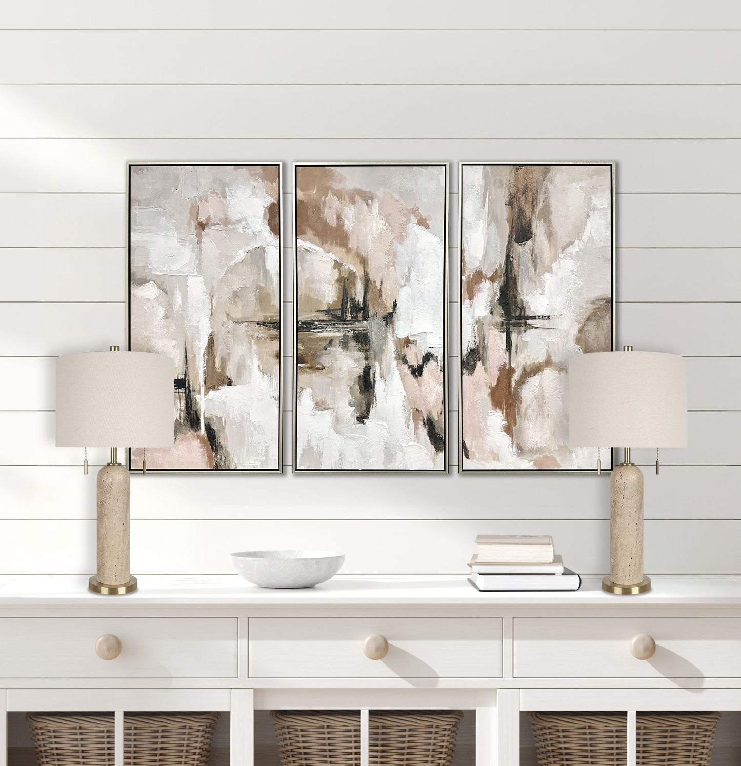 "Travertine Elegance" Travertine Table Lamp (Set of 2) - Travertine / Soft Gold