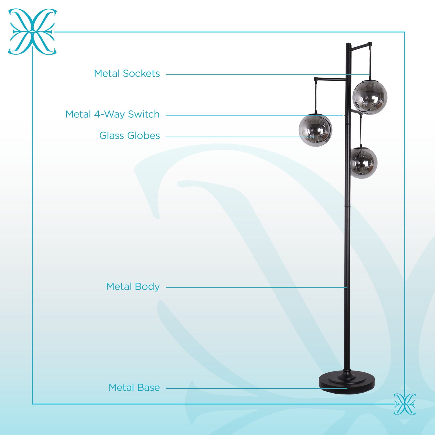 "Globe Cascade" Metal Floor Lamp With Glass Globes - Polished Chrome / Smoked Glass