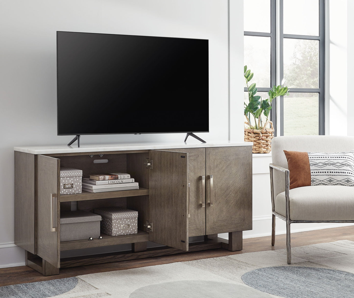 Loyaska - Extra Large TV Stand - Grayish Brown / White