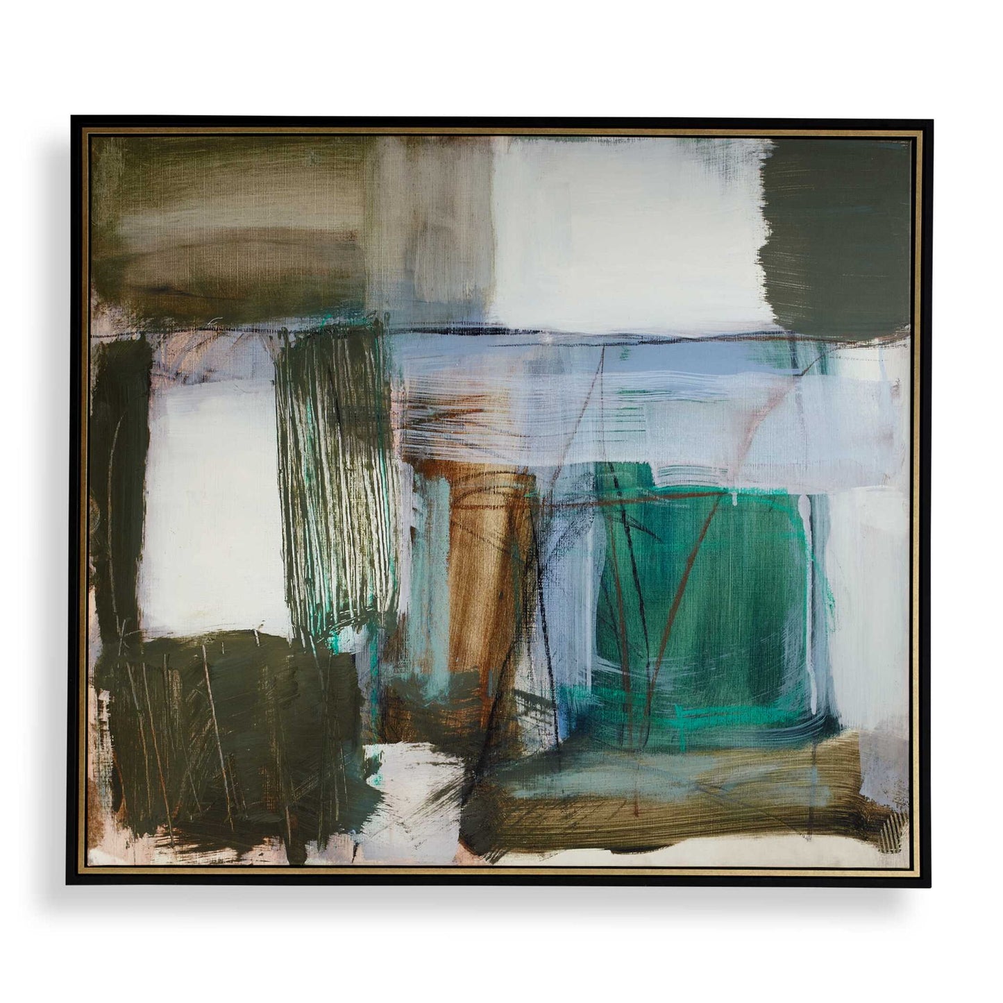 Green Fields - Framed Abstract Canvas - Black / Blue / Green / Orange / White / Yellow