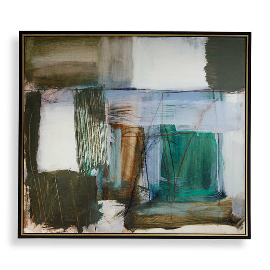 Green Fields - Framed Abstract Canvas - Black / Blue / Green / Orange / White / Yellow