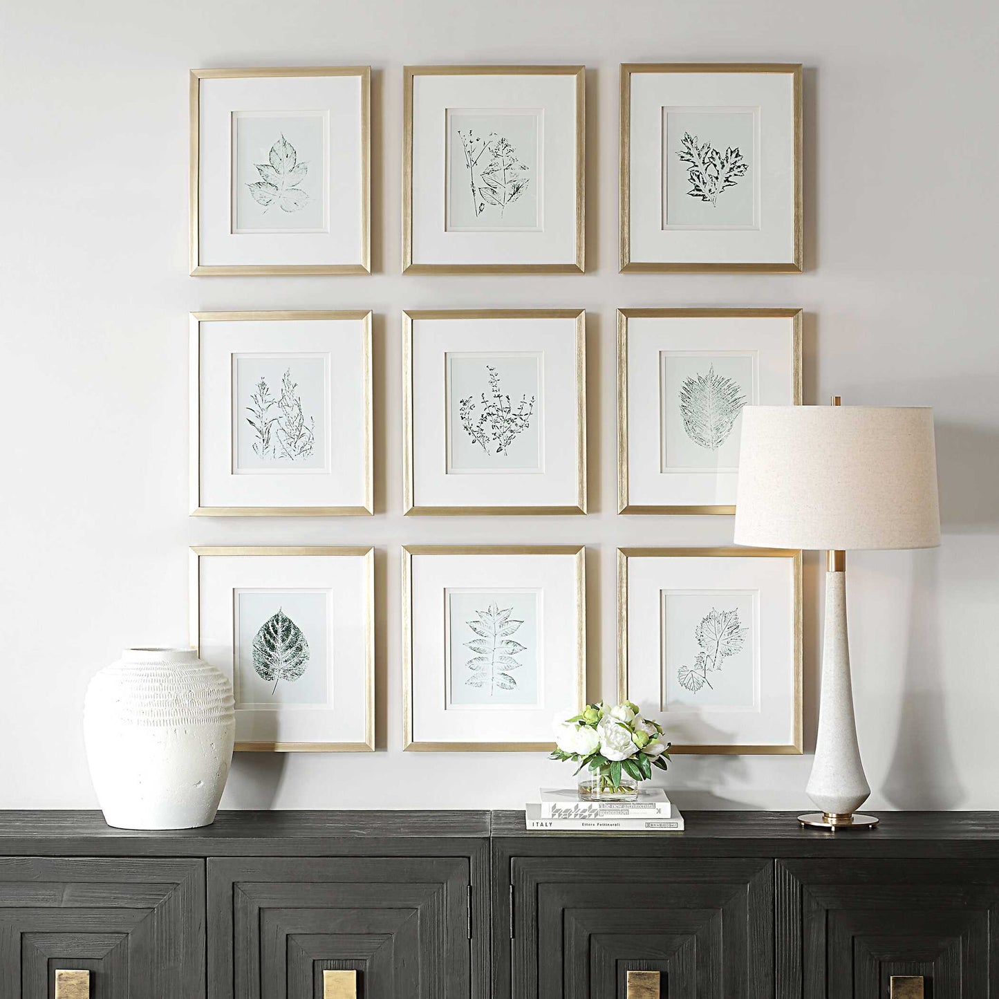 Nature's - Script Framed Botanical Prints (Set of 9) - Gold / Green / White