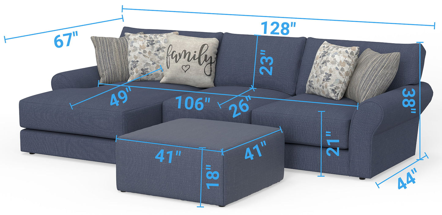 Cape May - Sofa Chaise With Comfort Coil Seating, 41" Cocktail Ottoman And 5 Accent Pillows Included