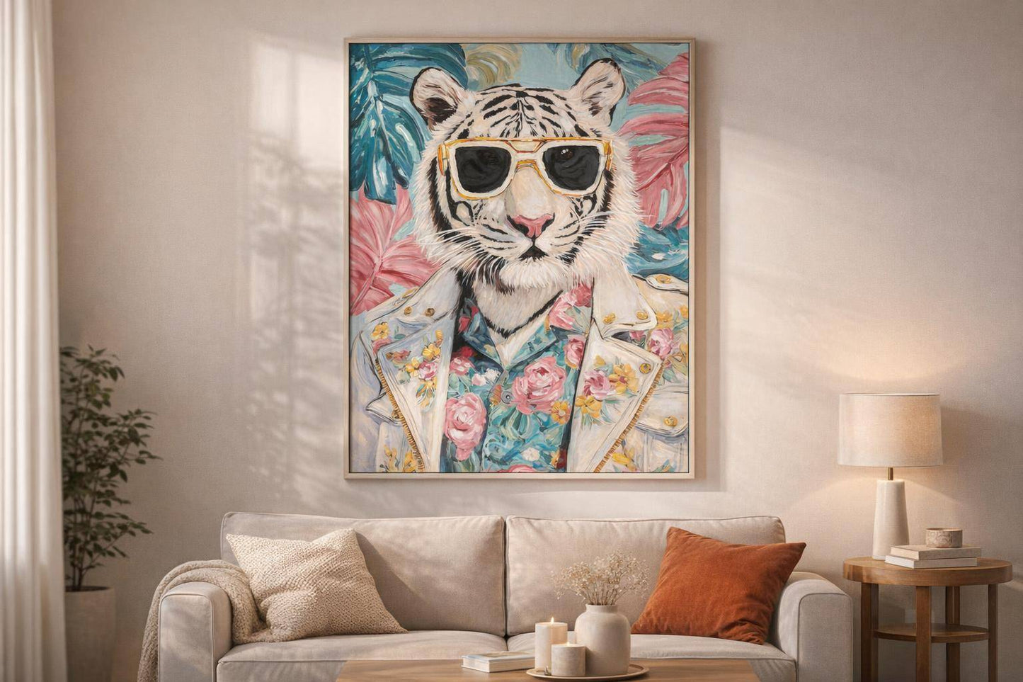 Tropical Rebel Hand-Embellished Canvas In Frame - Aqua / Pink