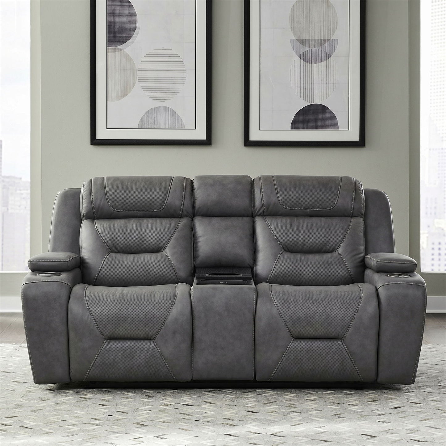 Chapman - Leather Loveseat With Cooling Console P2 & ZG - Aline Blue Gray