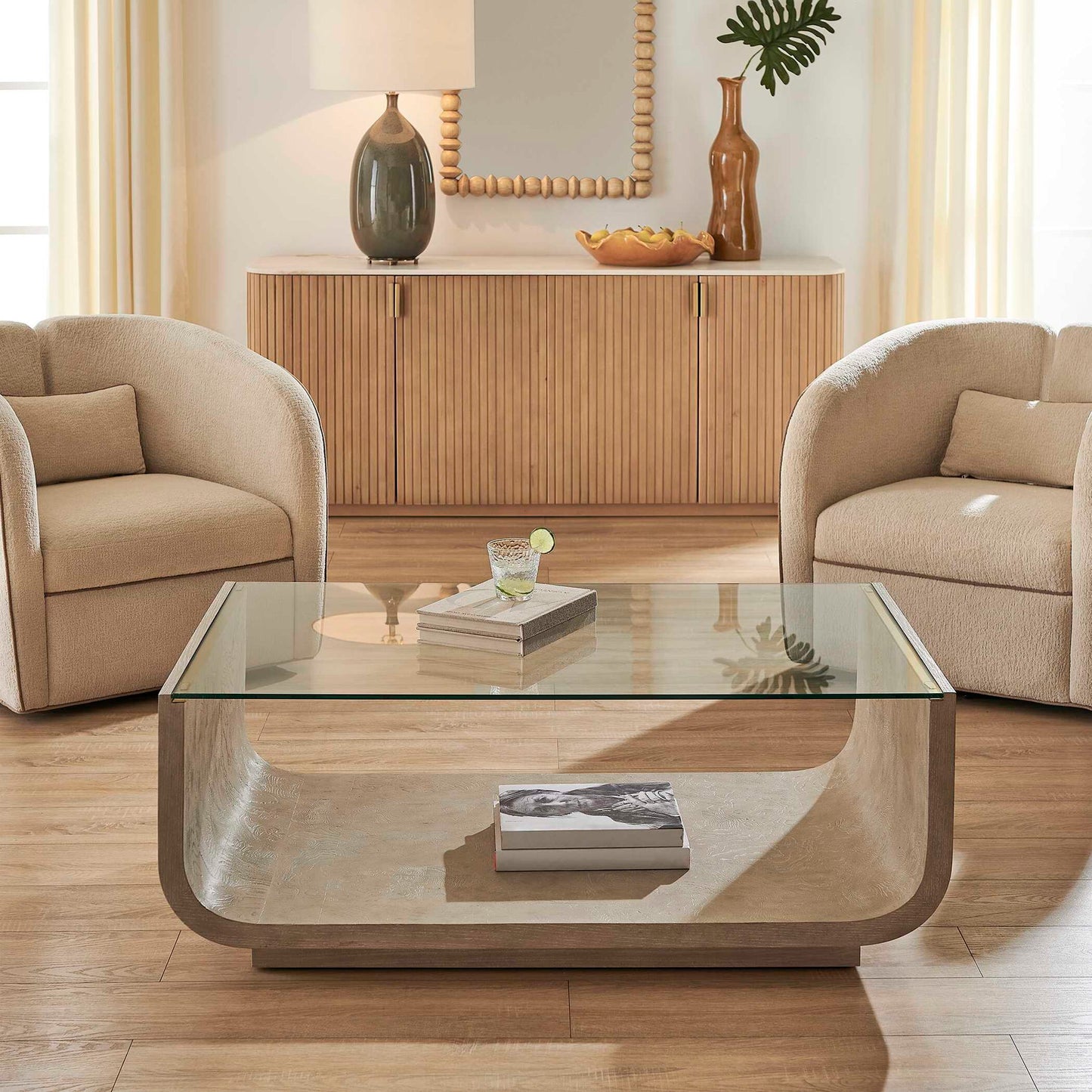 Maeva - Modern Glass Coffee Table - Woodtone
