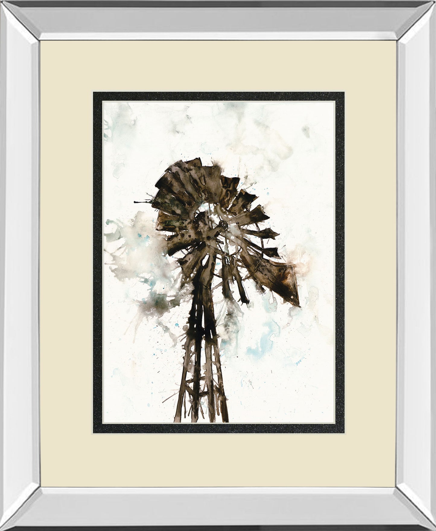 Watercolor Windmill By Ladder - Mirror Framed Print Wall Art - Beige