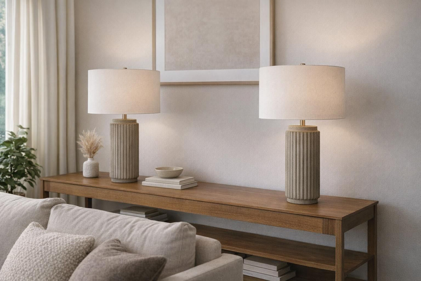 Ribbed Essence Ceramic Table Lamp (Set of 2) - Ribbed Stonewash
