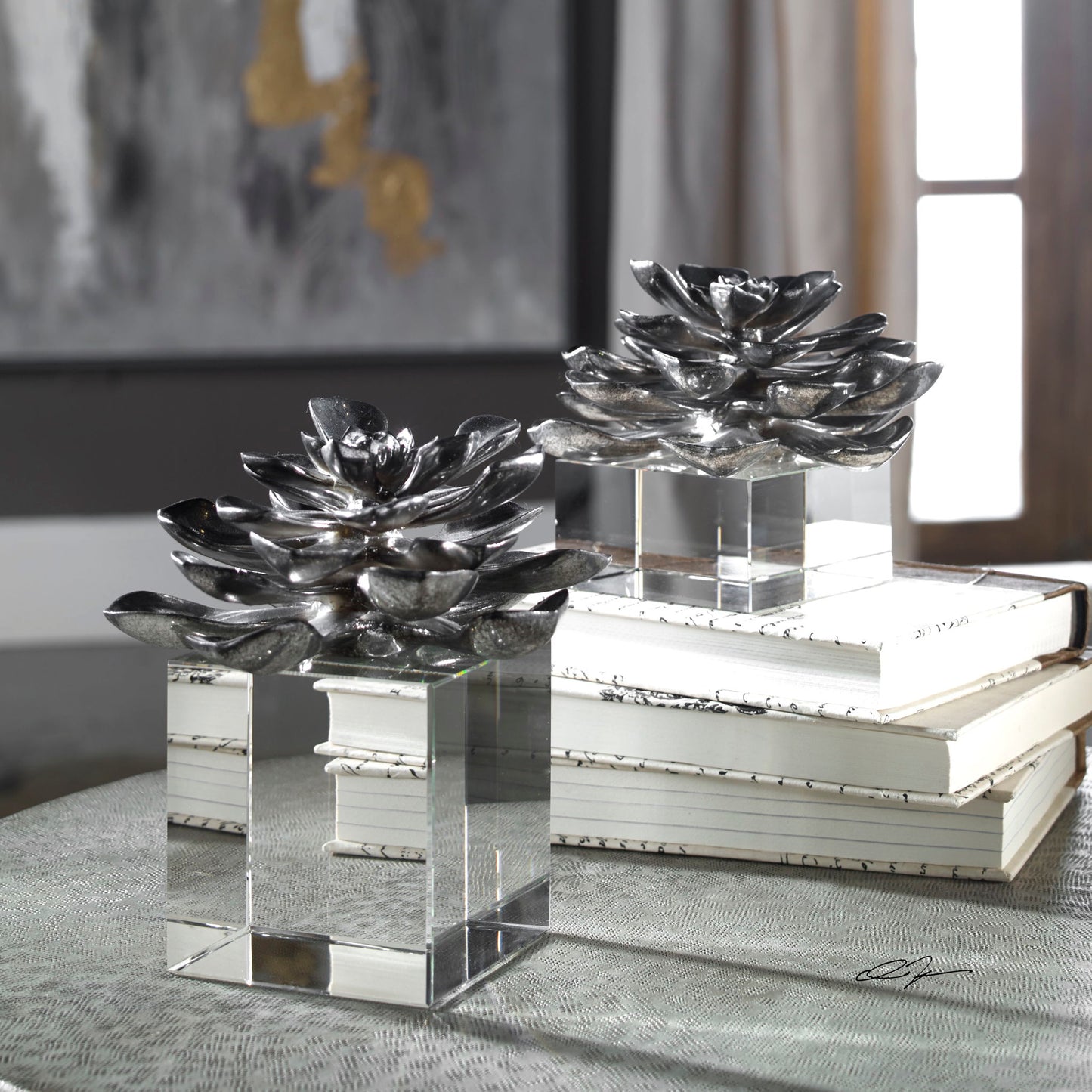 Indian Lotus - Metallic Flowers (Set of 2) - Silver