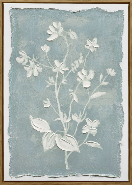 "Whispering Blooms I" Hand-Embellished Canvas In Frame - Blue / White