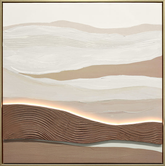 "Desert Glow II" Hand-Embellished LED In Frame - Beige / Brown / White