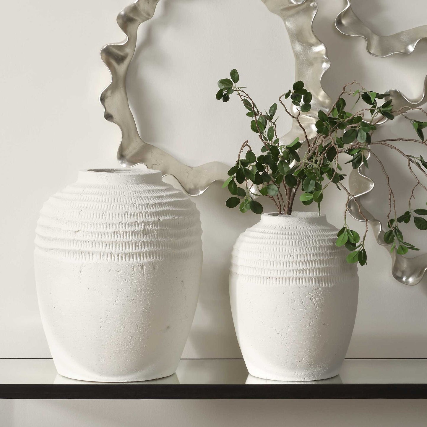 Luna - Ridge Ceramic Vases (Set of 2) - White