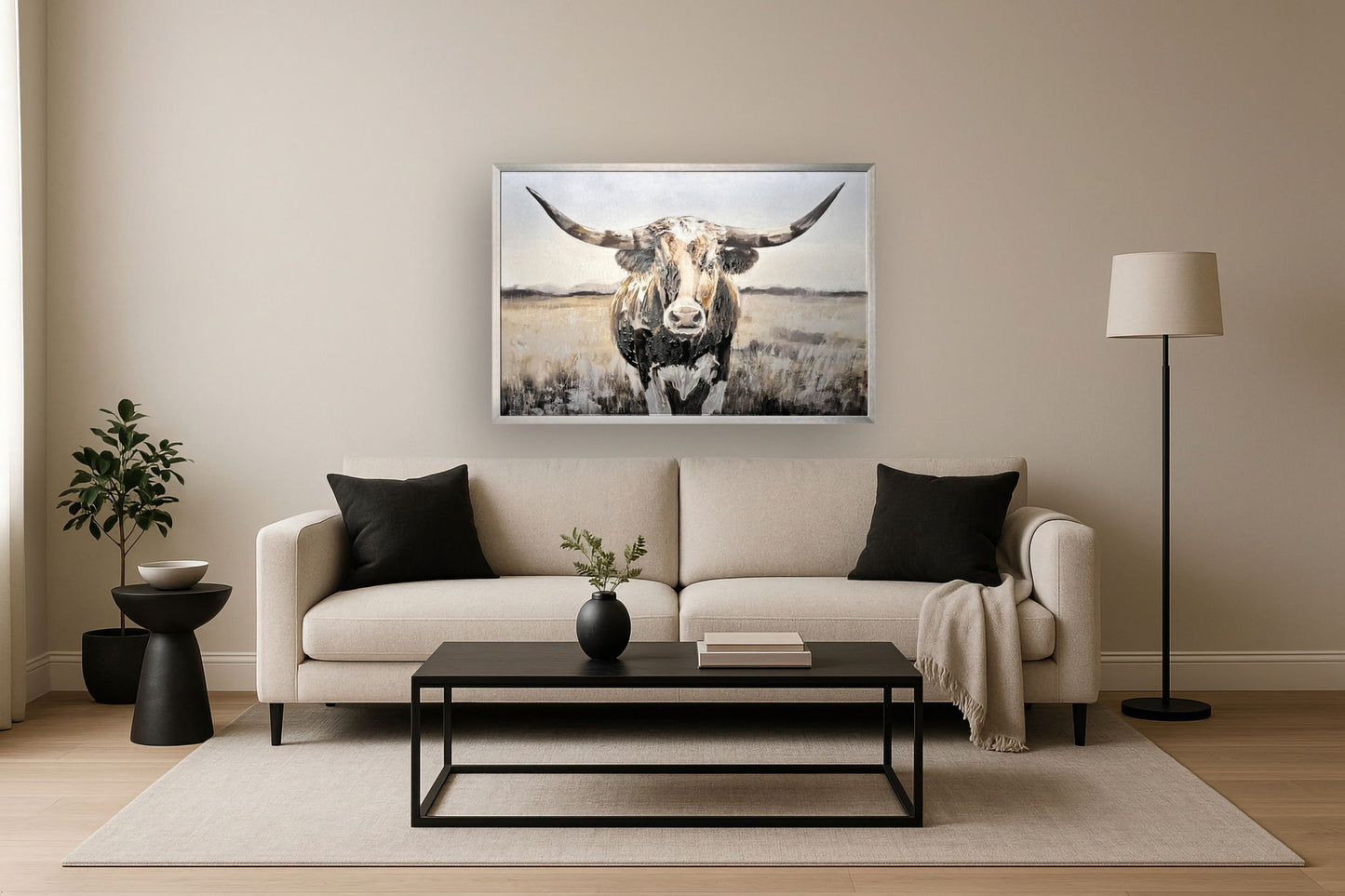 Dusted Plains Longhorn - 32" x 47" Framed Wall Art - Beige