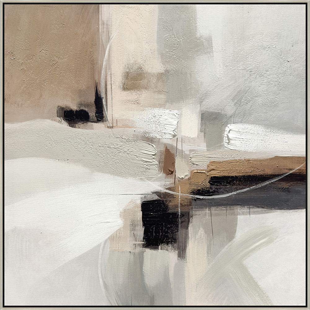 "Earthy Abstraction II" Hand-Embellished Canvas In Frame - Neutral / Beige / Black / White