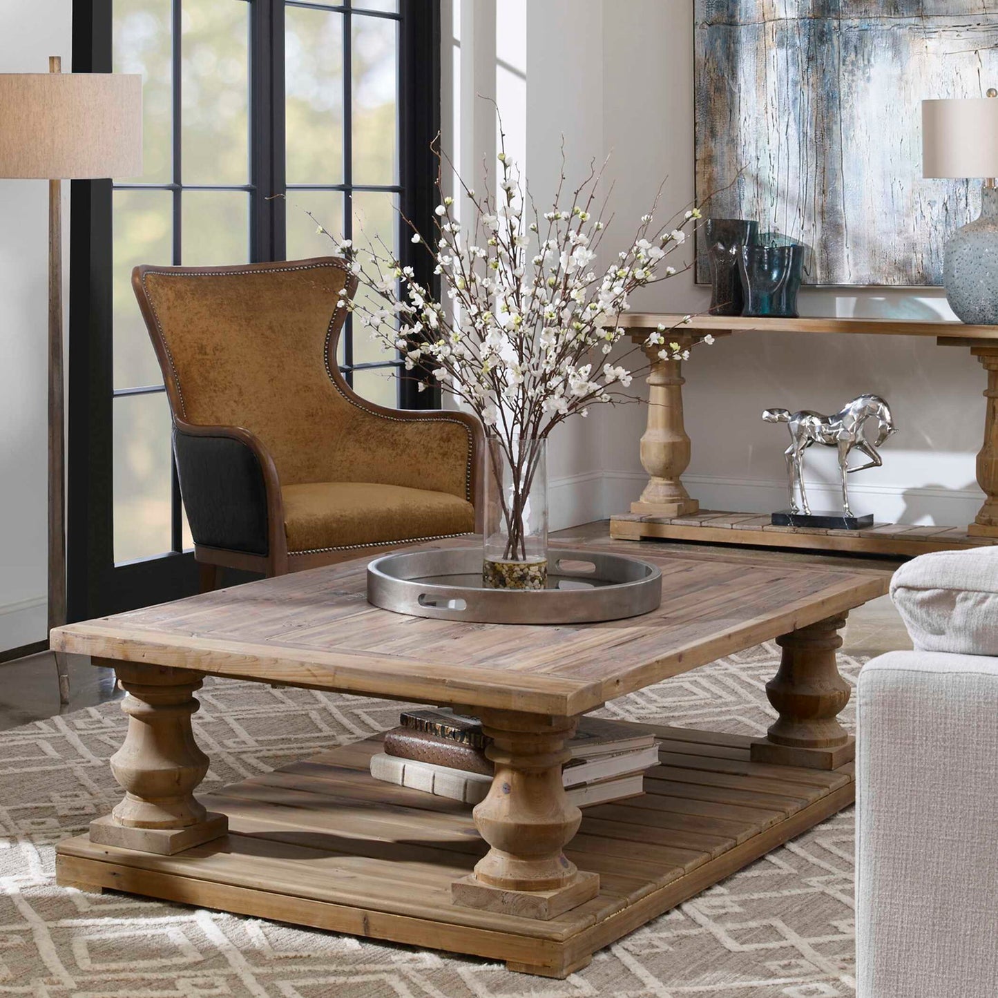 Quince Blossoms - Silk Centerpiece, Plant In A Clear Glass Vase - Dark Brown