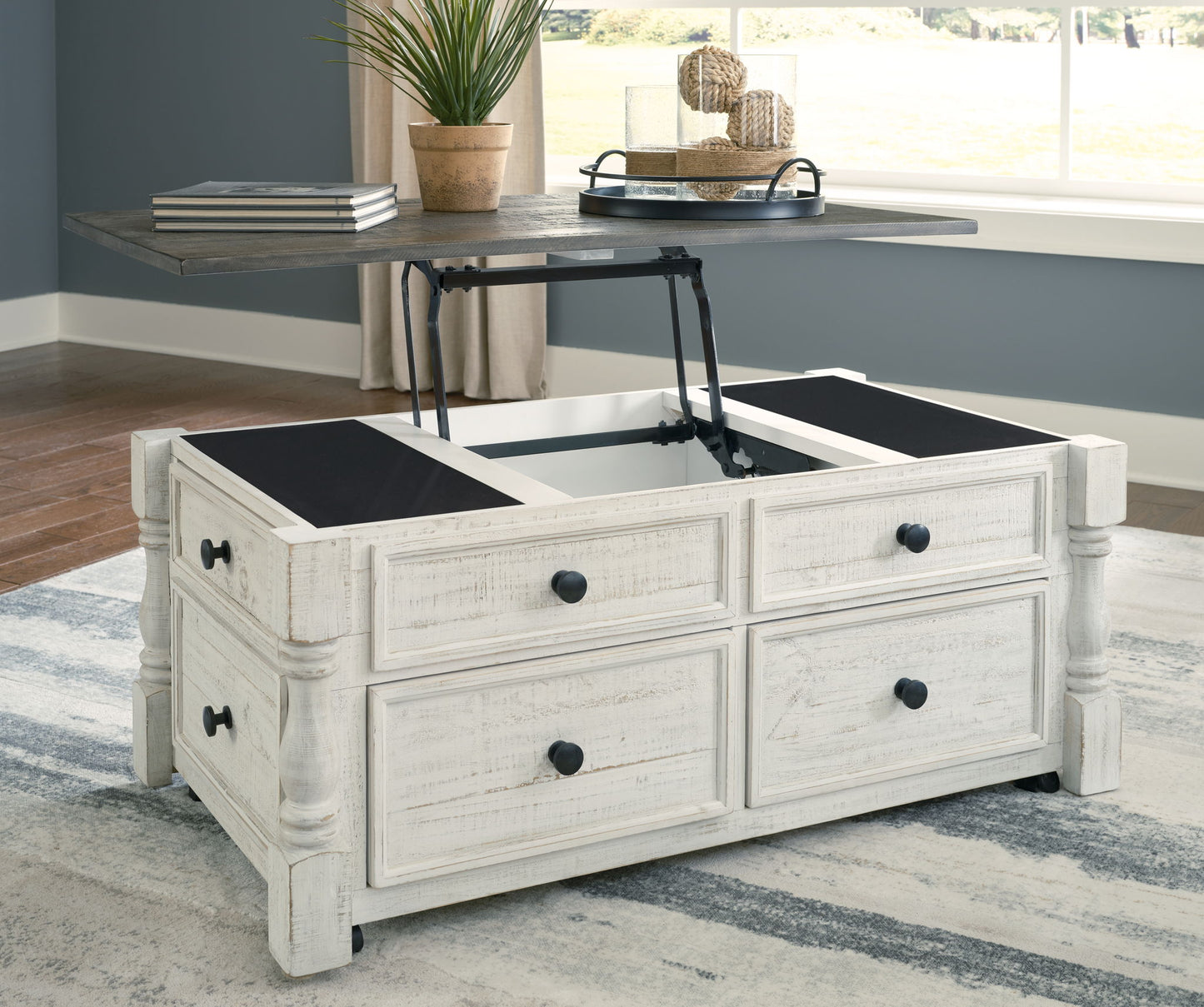 Havalance - Lift Top Cocktail Table with Storage Drawers - White / Gray