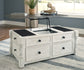 Havalance - Lift Top Cocktail Table with Storage Drawers - White / Gray