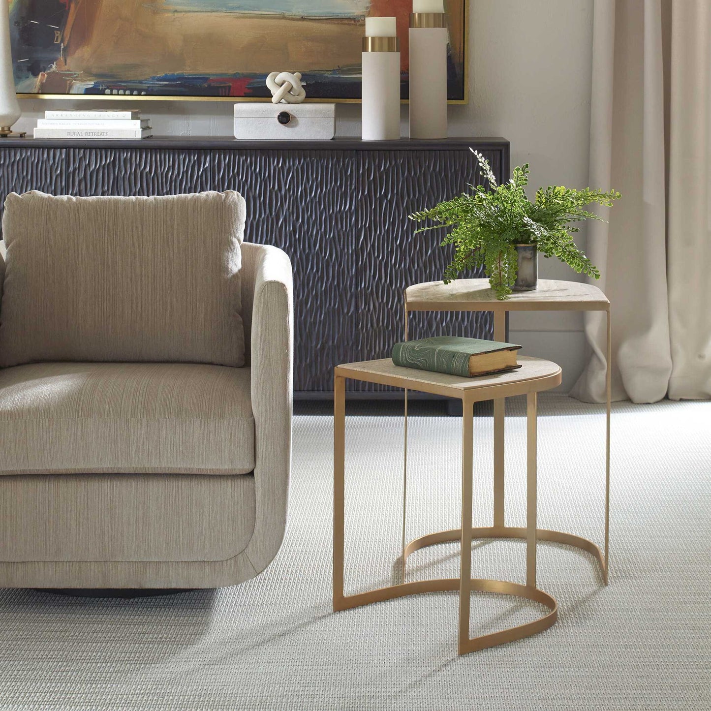 Lindon - Travertine Nesting Tables Set - Gold / White