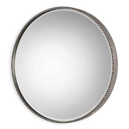Stefania - Beaded Round Mirror - Pearl Silver