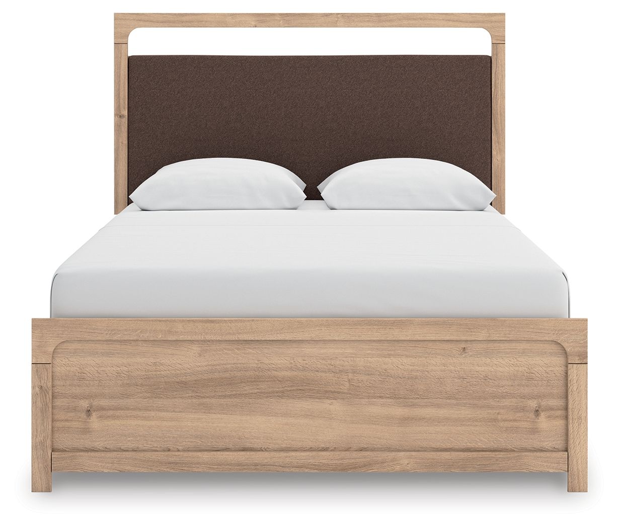 Kinlanni - 3 Pc. - Queen Upholstered Panel Bed With Roll Slats, Dresser And Mirror - Tan