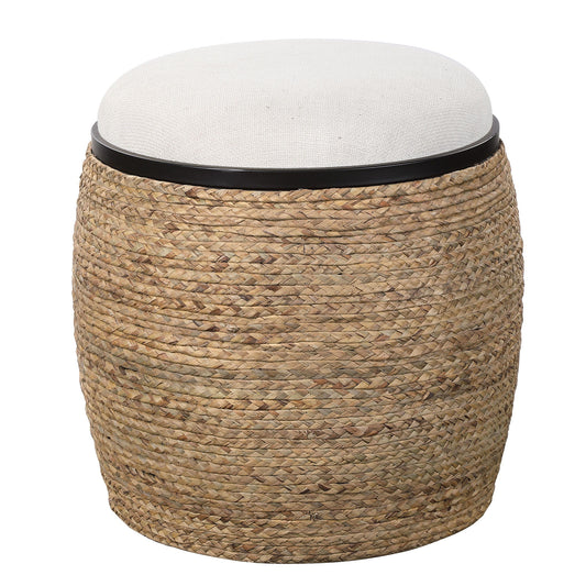 Island - Straw Accent Stool - White & Light Brown