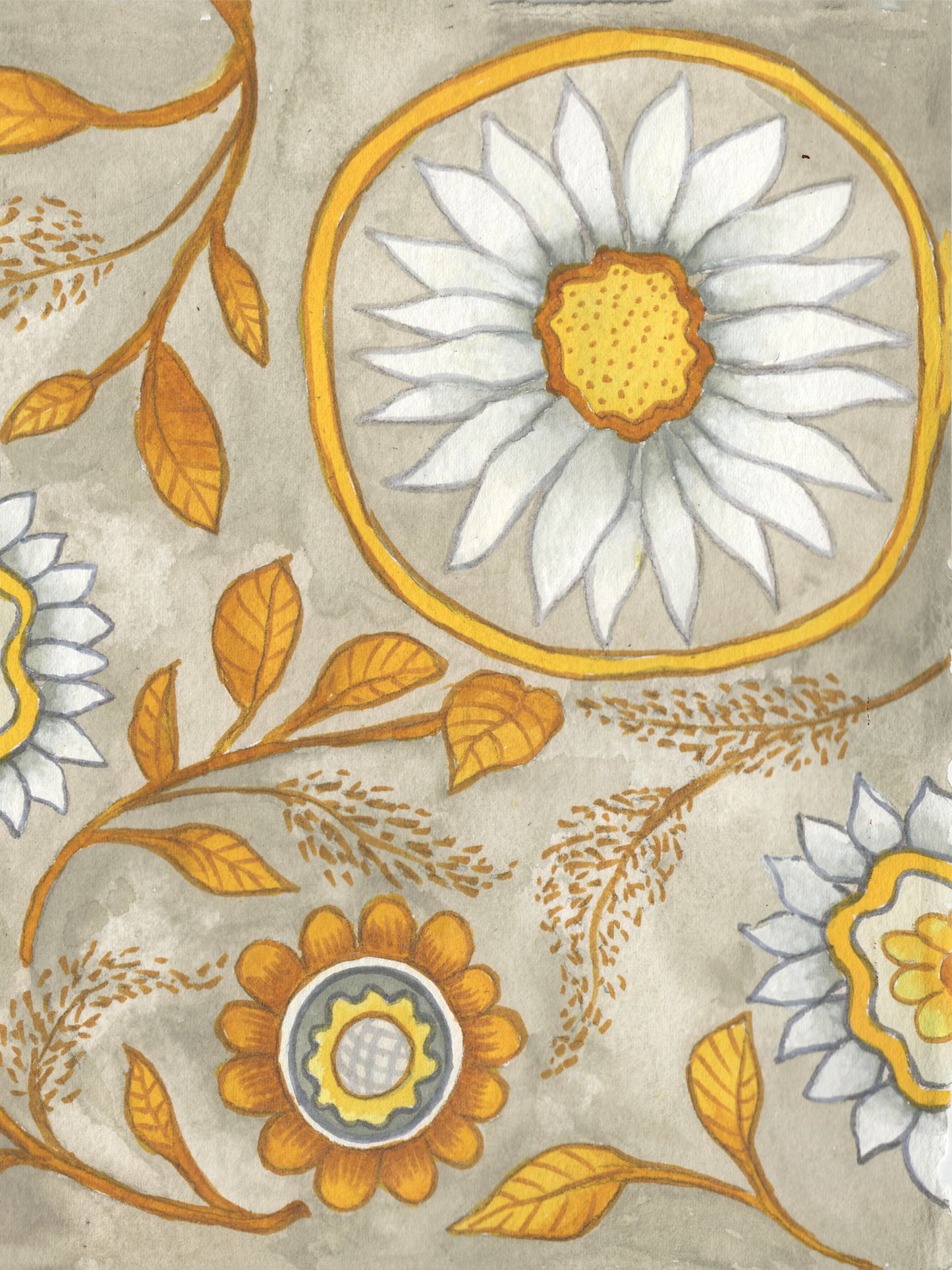 Small - Flowers On Grey II By Elizabeth Medley - Yellow