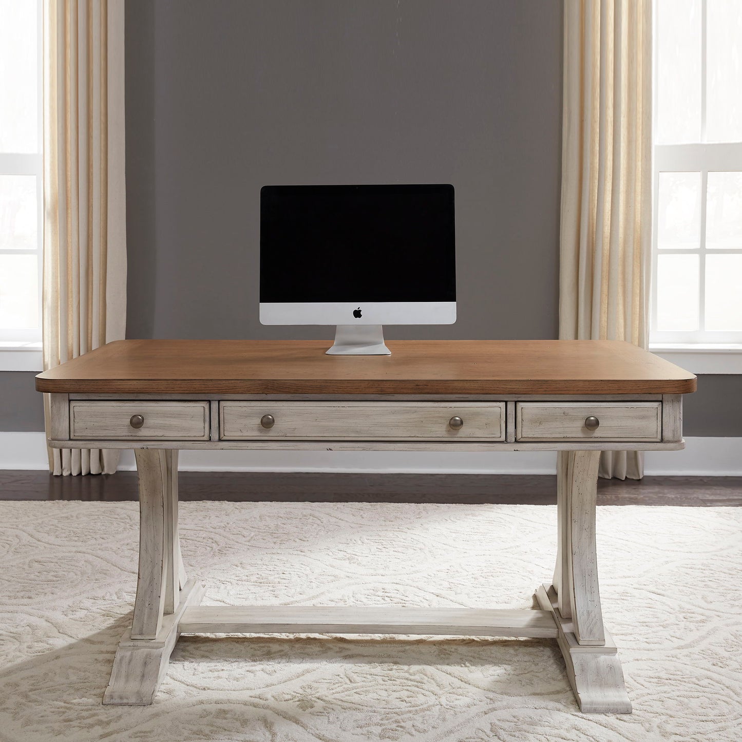 Farmhouse Reimagined - 3 Piece Home Office Set (Desk & Hutch) - Antique White / Chestnut Tops