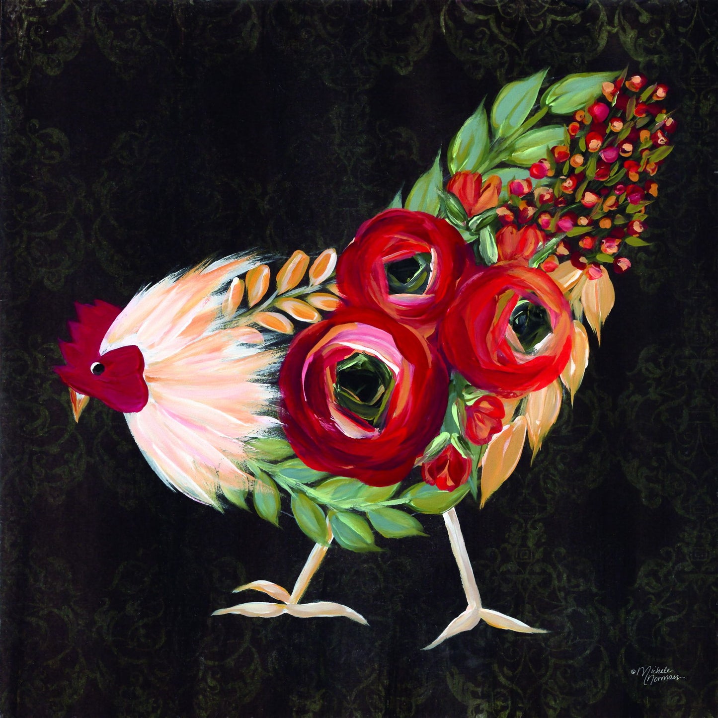 Framed - Botanical Rooster By Michele Norman - Red
