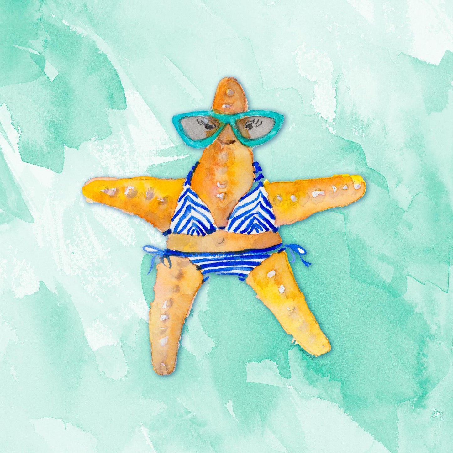 Blue Bikini Starfish On Watercolor By Lanie Loreth